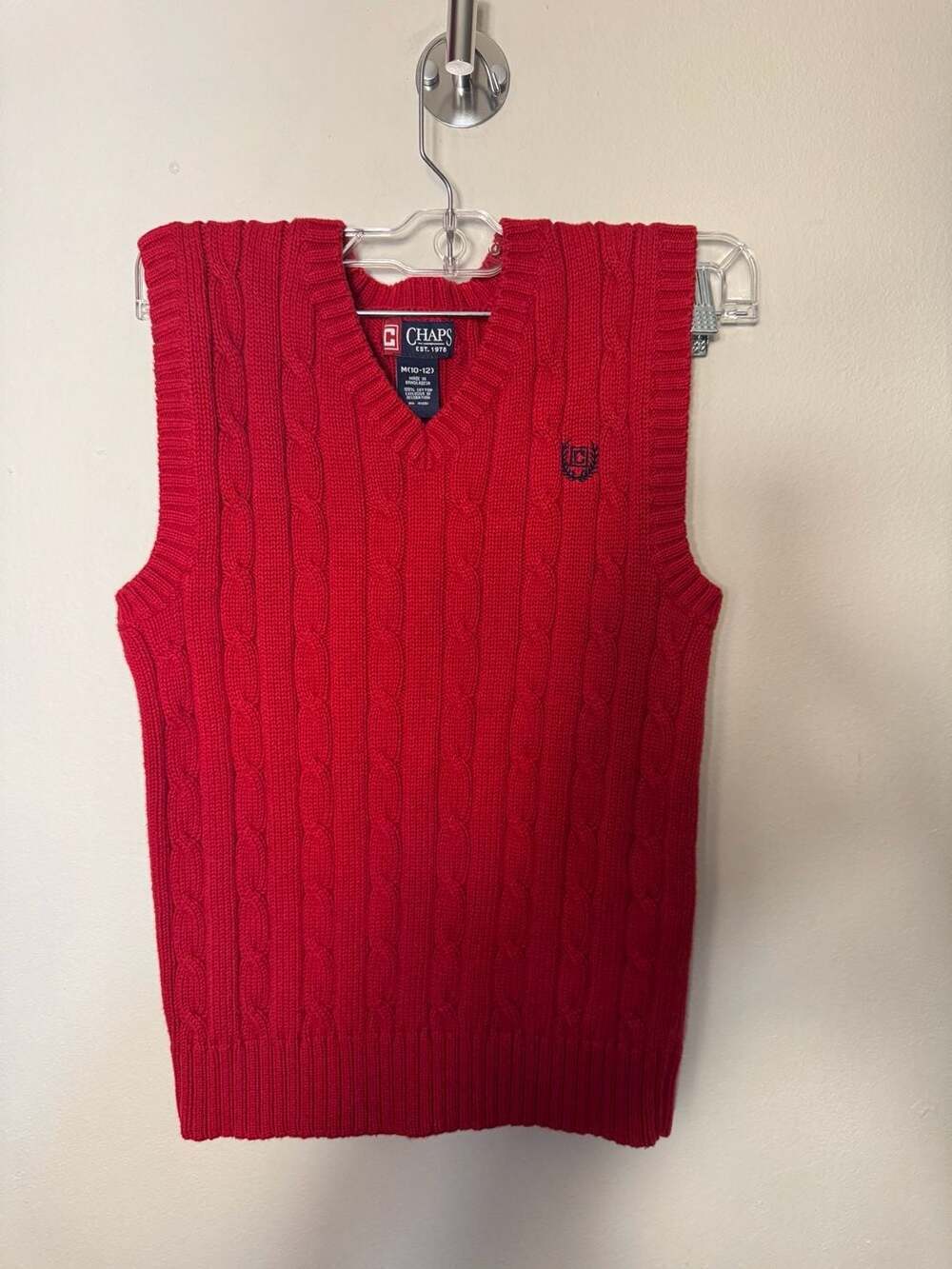 Chaps Boys Medium (10-12) Red Cable Knit V-Neck Cotton Sweater Vest